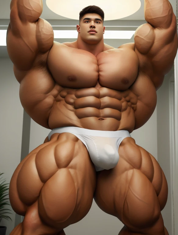 1boy, giant, model shoot style, staring, illuminating light, strong body, bulk, large size, slouching, armpit, in the white interior room, nude, white triangular underwear, prominent bulge, big, brutalmass, giant, muscular body, bulk, massive body, large meaty body size 