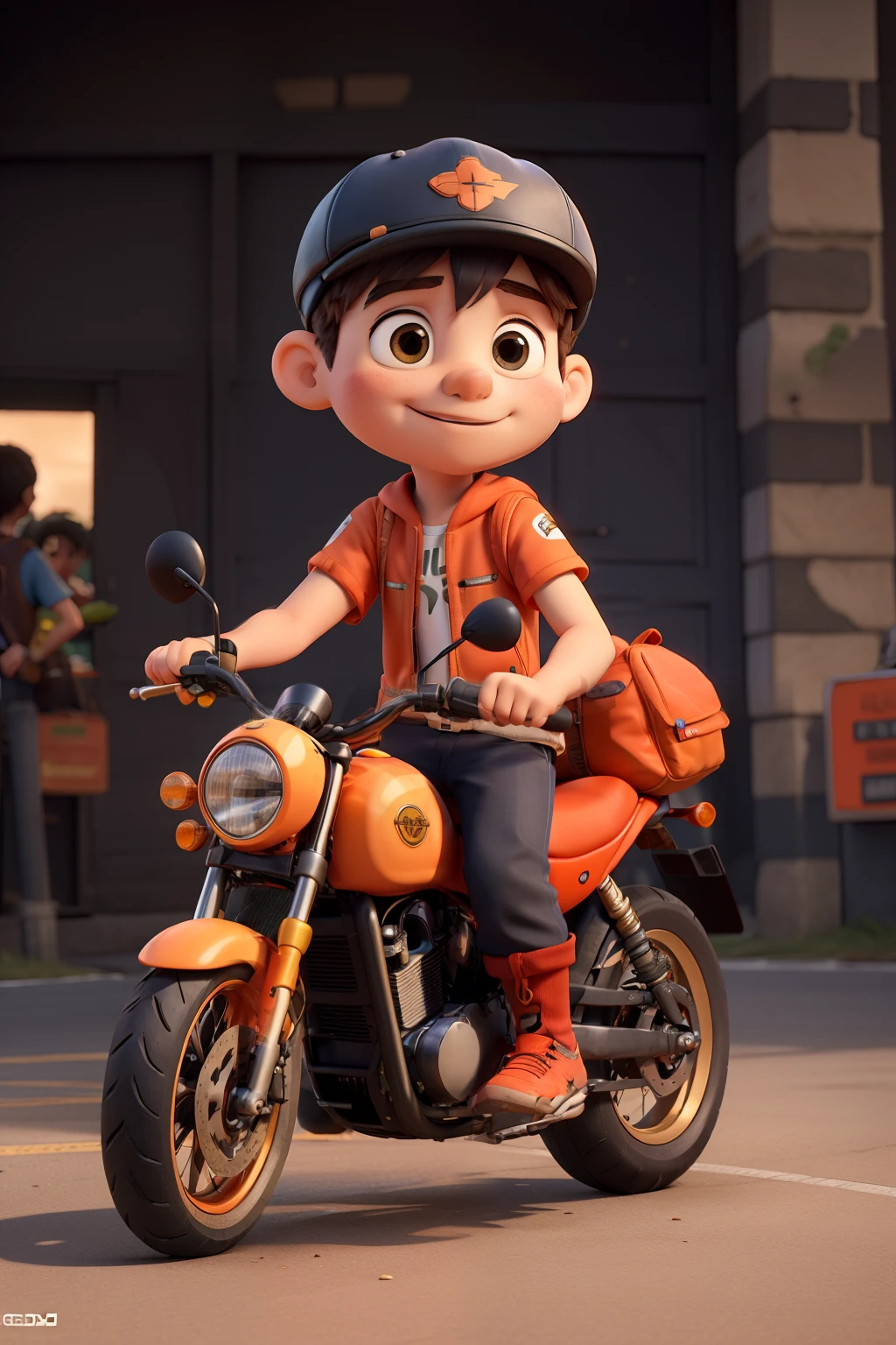 Personagem 3D, a little boy , wearing an orange biker uniform and cap, dirigindo uma motocicleta laranja, com uma Food Delivery Bag quadrada nas costas na cor laranja.