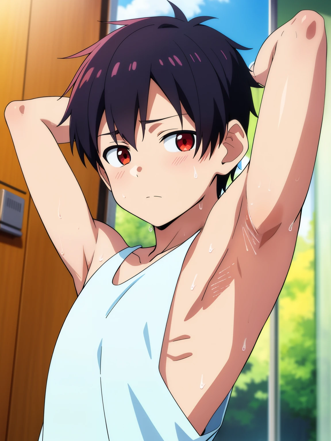 Highres, Masterpiece, Best quality at best,Best Quality,hight quality, hight detailed, 1boy, boy, Shota, Solo person, Shirtless, upper, body, Seen from the front, look at viewer, (very young boy), (very small and short body), s, (Showing armpit:1.3), hansome boy, Sweat