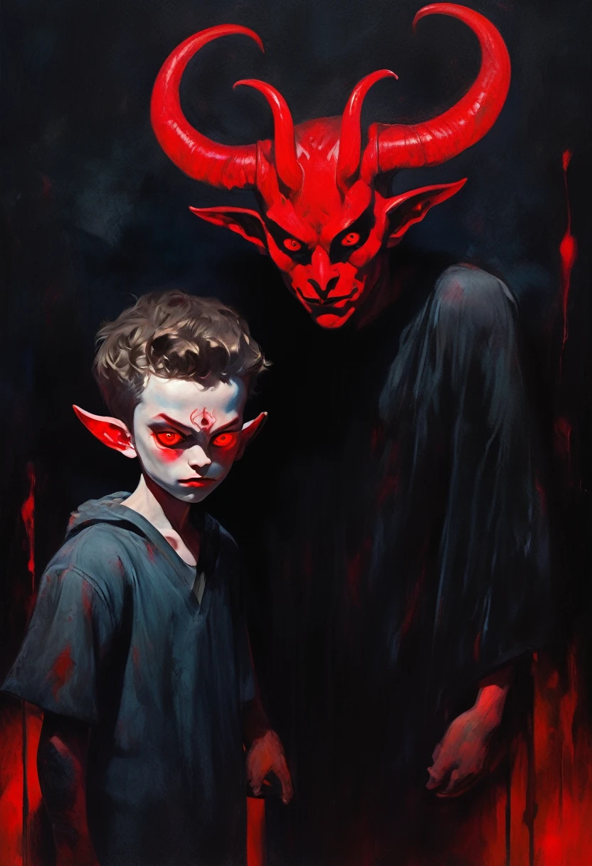 (Full body characters) An oil painting of a normal young human boy and another boy with demon features, glowing red eyes and horns. Contrast between the boy innocent expression and the demon appearance. (The human boy is normal and the other is a demon)
The human boy shows a melancolic expression, and the little demon seems to be caring towards the boy.