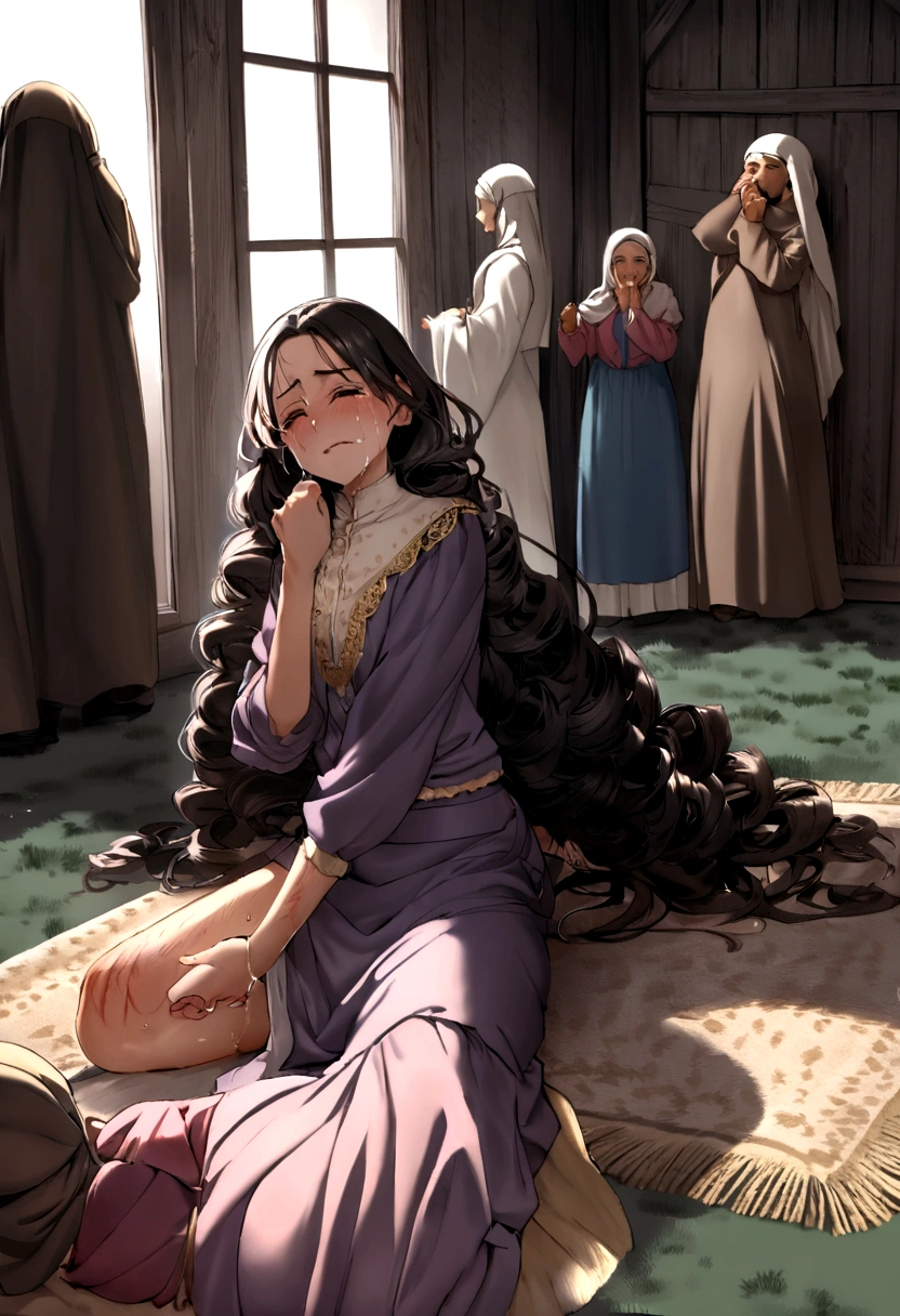 ((slaps)), ((they pull her hair)), ((pissing)), ((Islamic)), ((slap on the ass)), ((lying on the carpet)) Twenty year old Afghan woman, she and the others have been whipped 100 times after she was caught at a party with men and more women, crying inconsolably her father punishes her locked in the barn, she has long curly hair, wears a large long skirt and a half-banked blouse, as she is in pain from the whipping. Whip marks all over her body.
