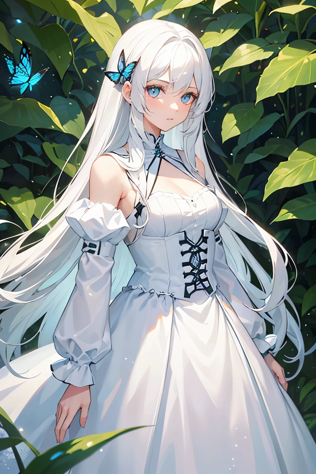 Girl, full calidad, white hair, long hair, blue eyes. 21 years old. medium. White dress. Vegetation. Butterflies.