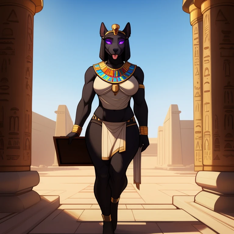 Tall_muscular_warhound female black_furry_body gray_eyes, tribal clothes, yellow_tabard solo Masterpiece best_quality absurdres highly_detailed cleanly_drawn_eyes, hypnotized with glowing purple eyes, tongue out, anthro_only by_claweddrip, by_greasymojo, by_underscore-b, by_runawaystride, carrying a tray with gold cups full body image, egyptian temple interior background