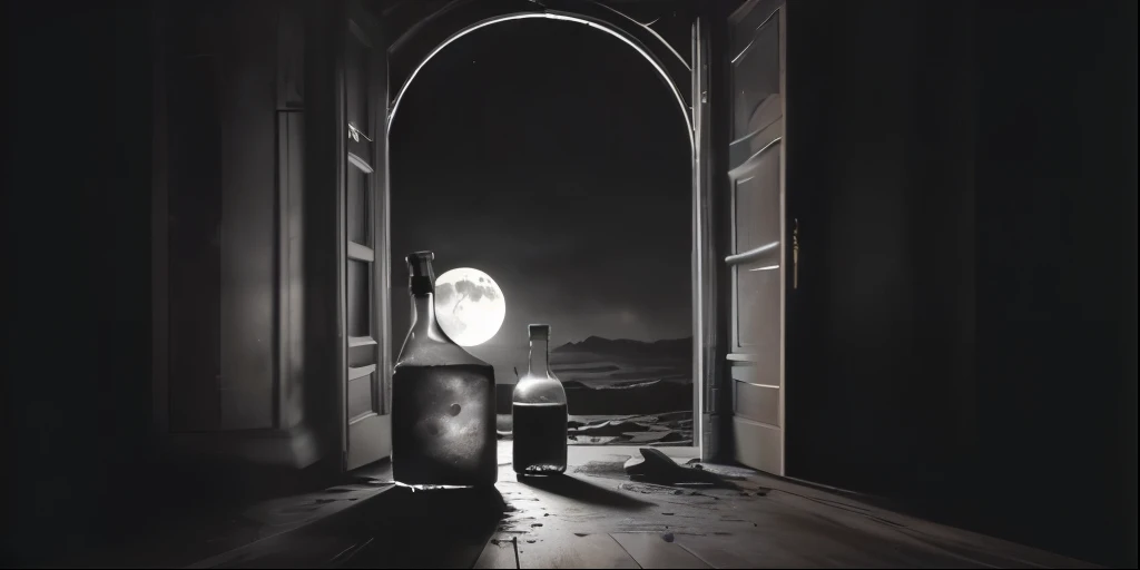 there is a bottle of alcohol on a table in front of a door, (fantasia), luar, por Jan Kupecký, rudolf béres, captured in garrafas, cena surreal, Duas luas, Victor Einrich, Enluarado, luar, garrafas, the glow of the luar, Direction: Siegfried Haas, Surreal Tears of the Moon, spirits, na Lua
