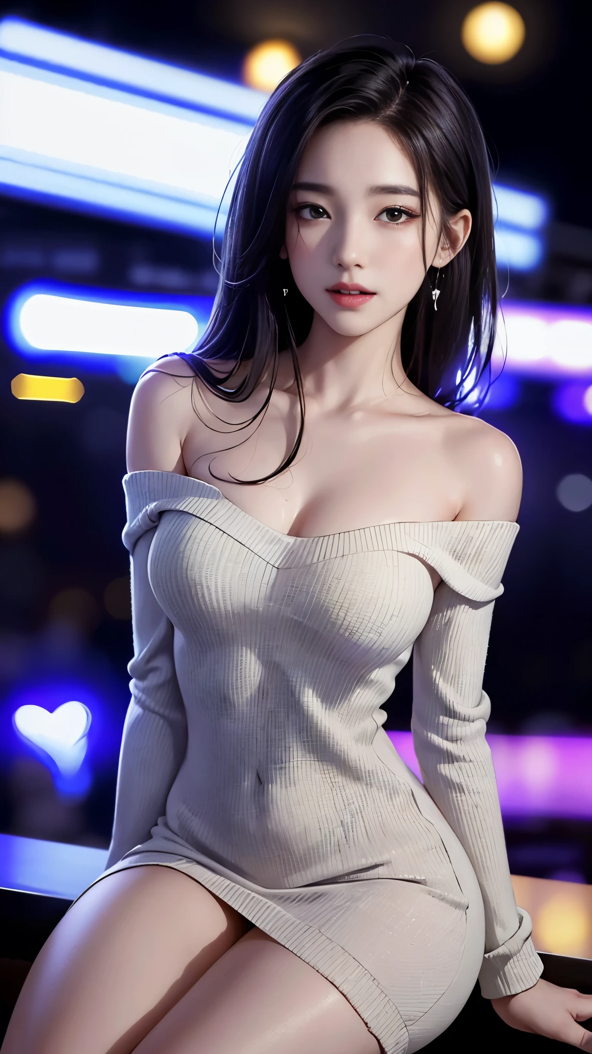 sitting at the bar in a nightclub、Portrait Photography, Wicked Smile, (masterpiece) (highest quality) (detailed) (8k) (High resolution) (wallpaper) (Cinema Lighting) (Sharp focus) (complicated)、detailedな背景、(Many heartfelt voices:1.8), sexy、Off-the-shoulder knit loose sweater dress、Beautiful thighs、(Slender body:1.5,Nightlife:1.6)、sexyな悪魔,Ram'Horn,Beautifully dressed,Slim figure,heart-shaped tail