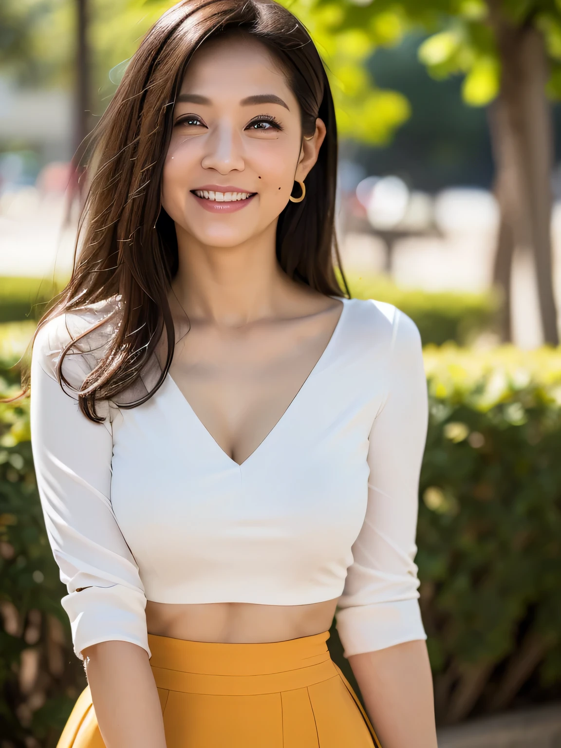 ((highest quality, 8K, Ultra high definition)), ((masterpiece: 1.3)), (Perfect appearance), (Photorealism: 1.6), (JMA), (Portrait of a Japanese mature woman), (Blurred Background: 1.8), (Sunny day in the park), (Woman standing in the shade), ((Looking this way)), ((Realistic skin texture)), (Fine wrinkles all over the skin, Dull skin, Unmoisturized skin, Wrinkles around the eyes, double eyelid, Lower eyelid tear trough, Crying Mole, Dimples), Slightly parted lips, Smiling gently, (Medium wave hairstyle), (A fitted blouse with a wide neckline: 1.2), (Lightweight fabric blouse), (Voluptuous body), (Large Breasts), (Tight long skirt),