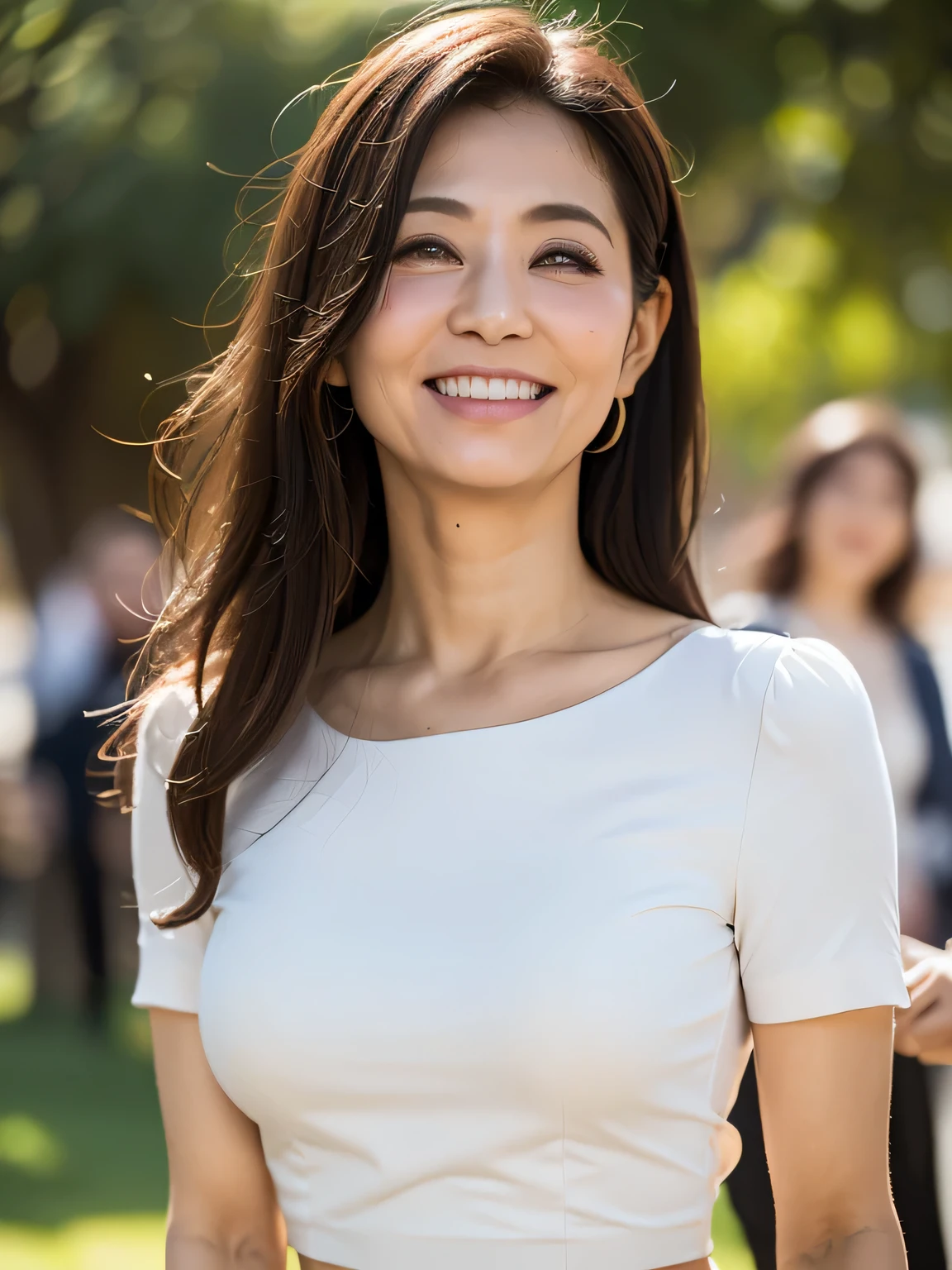 ((highest quality, 8K, Ultra high definition)), ((masterpiece: 1.3)), (Perfect appearance), (Photorealism: 1.6), (JMA), (Portrait of a Japanese mature woman), (Blurred Background: 1.8), (Sunny day in the park), (Woman standing in the shade), ((Looking this way)), ((Realistic skin texture)), (Fine wrinkles all over the skin, Dull skin, Unmoisturized skin, Wrinkles around the eyes, double eyelid, Lower eyelid tear trough, Crying Mole, Dimples), Slightly parted lips, Smiling gently, (Medium wave hairstyle), (A fitted blouse with a wide neckline: 1.2), (Lightweight fabric blouse), (Voluptuous body), (Large Breasts), (Tight long skirt),