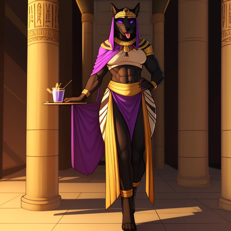 Tall_muscular_warhound female black_furry_body gray_eyes, tribal clothes, yellow_tabard solo Masterpiece best_quality absurdres highly_detailed cleanly_drawn_eyes, hypnotized with glowing purple eyes, tongue out, anthro_only by_claweddrip, by_greasymojo, by_underscore-b, by_runawaystride, carrying a tray with lemonade full body image,egyptian temple interior background