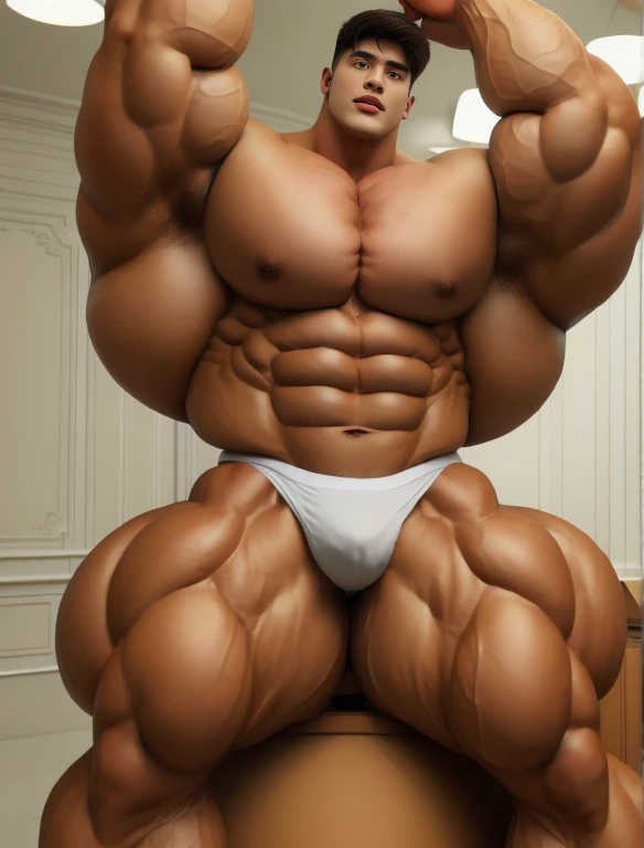 1boy, giant, model shoot style, staring, illuminating light, strong body, bulk, large size, armpit, in the white interior room, nude, white triangular underwear, prominent bulge, big, brutalmass, giant, muscular body, bulk, massive body, large meaty body size 