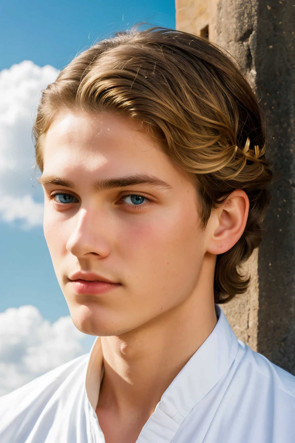 An Orthodox prince from the Middle Ages, light hair gathered behind his head and blue eyes. A piece of thin curled hair close to each cheek. without bangs. Sky background.