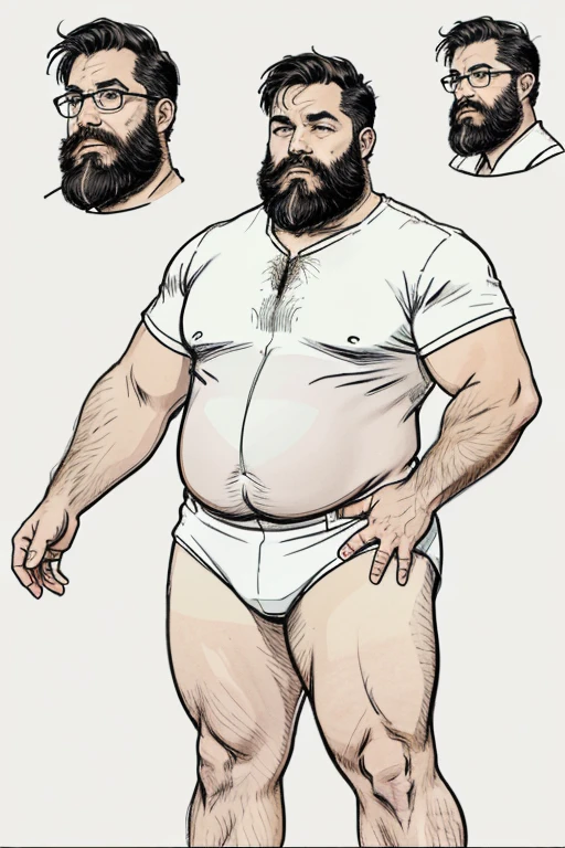（（tmasterpiece）），（（（best qualtiy））），（CharacterDesignSheet，Same role，frontage，Lateral face，on  back），concept-art，concept art of character，Character sketches，reference sheet，Role table，（simplebackground，white backgrounid： 1.3), gesturing with hands towards the viewer, communicating with hands,🤗( Photography Coast view),Style Snthwve Nvinkpunk Style Snthwve Nvinkpunk Drunk Man (Only chubby, plump male image, with extremely thick thighs, a big belly, fat. he is 56 years old. He is bearded, full beard, very long beard. he wears prescription glasses. There&#39;s a man, chubby, chubby, extremely thick thighs, large belly, fat, wearing a sleeveless t-shirt, gray sweatpants, Eyeglasses, barbar grande cheia e longa, grisalho, nordic lanyard on neck rings watch bracelet full body tattoos full body photography full body image, sitting on a bench in a gym, em uma academia, heavy appearance, encorpado, He's strong, He's chubby, muscular, He's bald with a mustache, barba a fazer, ?????, encorpado, parrudo, ele tem cerca de 58 anos de idade, ele tem cerca de ,58 anos, coxas grandes, malhar. Usando fones de ouvido cor vermelho com detalhes branco. Malhando de frente ao expectador,  （（tmasterpiece）），（（（best qualtiy））），（CharacterDesignSheet，Same role，frontage，Lateral face，on  back），concept-art，concept art of character，Character sketches，reference sheet，Role table，（simplebackground，white backgrounid： 1.3), gesturing with hands towards the viewer, communicating with hands,