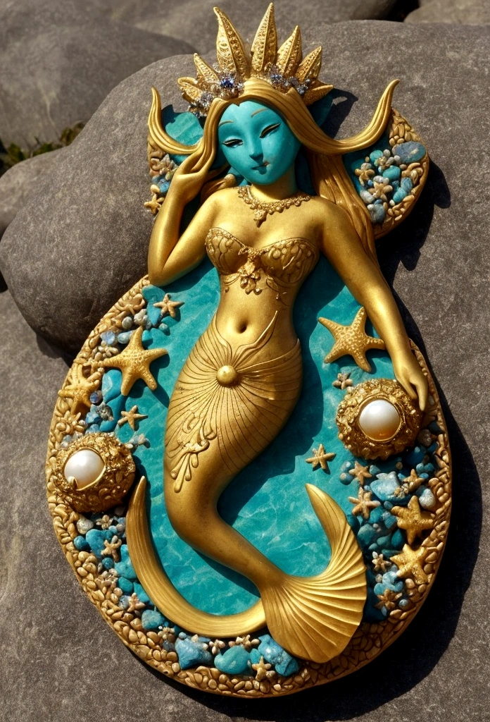 a woman with a starfish over her eyes wearing it as if it were a mask over her eyes and the starfish has small blue lights that shine, the woman stands on a black stone carved with symbols in a rough sea rising hands towards the sky in a Sandro Botichelli style painting, with slightly blue skin and small scales on her face, she has long hair decorated with gold and pearly tiaras and breasts covered with shells (Lying position on the carved rock with a pronounced mermaid tail )(MAR PICADO Y LUNA ILUMINANDO) (MUJER REALISTA CON PIEL AZULADA TENUE) mascara de estrella marina tapando sus ojos (piedras muy negras)