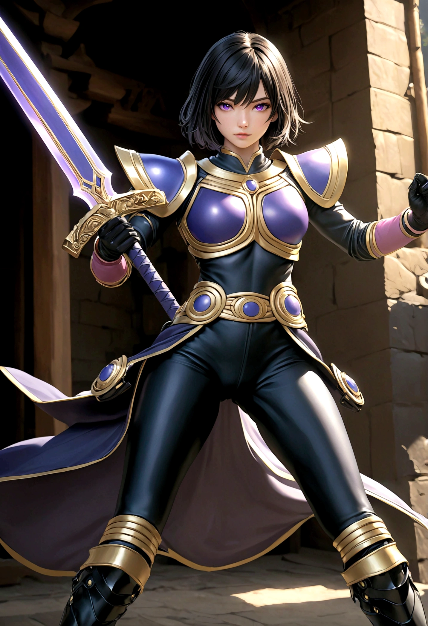 a tomboy girl with short black hair, beautiful sharp purple glowing eyes, wearing kuuga armor, holding a broad sword, (best quality,4k,8k,highres,masterpiece:1.2),ultra-detailed,(realistic,photorealistic,photo-realistic:1.37),intricate details,cinematic lighting,fantasy,concept art,digital painting,vibrant colors