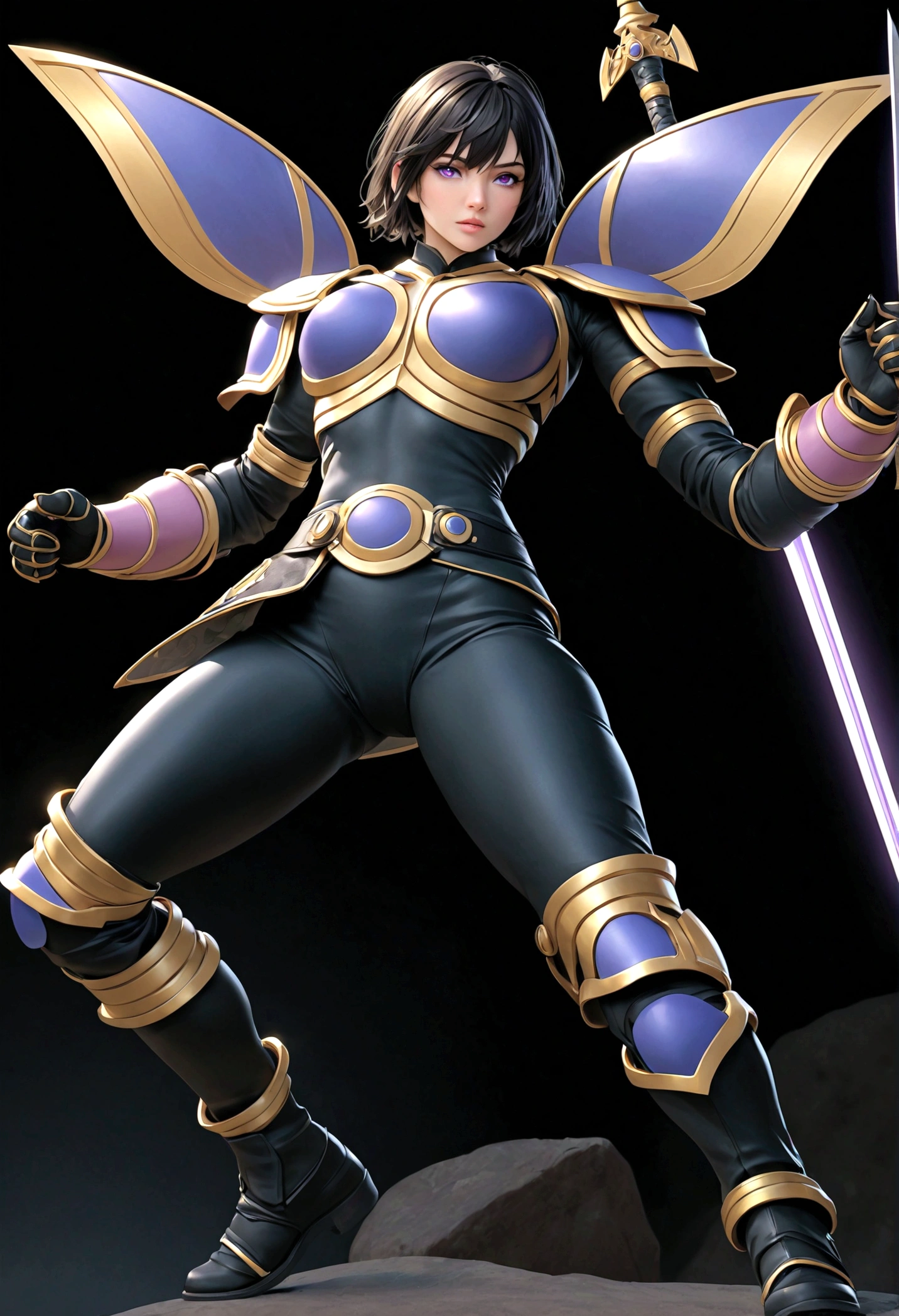a tomboy girl with short black hair, beautiful sharp purple glowing eyes, wearing kuuga armor, holding a broad sword, (best quality,4k,8k,highres,masterpiece:1.2),ultra-detailed,(realistic,photorealistic,photo-realistic:1.37),intricate details,cinematic lighting,fantasy,concept art,digital painting,vibrant colors