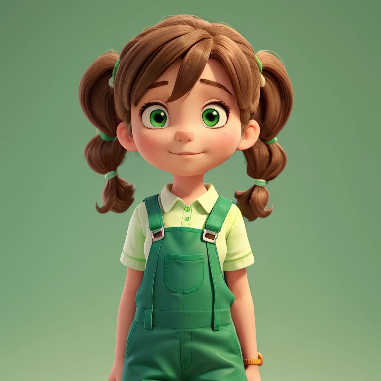 girl 9-year- with white skin and brown hair with pigtails, dressed in two green shirts and a dark green dungarees. turquoise tennis shoes
