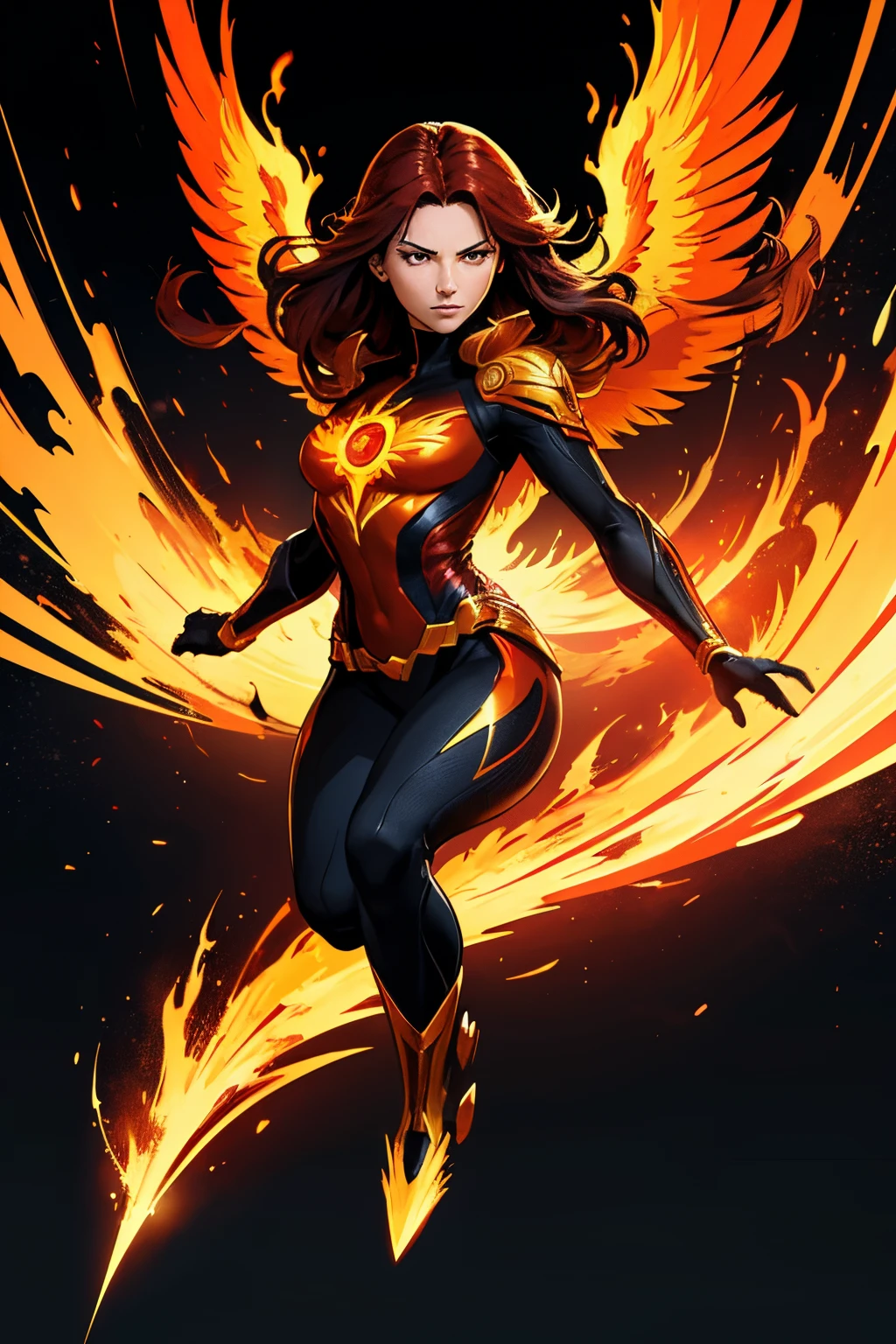 t-shirt design, black background, Full body, 2D illustration, Jean Gray from x-men with her fully awakened and ascending phoenix power, flaming phoenix wings open with a brilliant burst of power, golden color, electric red color, wine red color, (sharp lines), lines of bold ink, strong outlines, bold strokes, high contrast, (professional vector), best quality, flat colors, flat lights, no shadows, low levels, (gunpowder explosion).