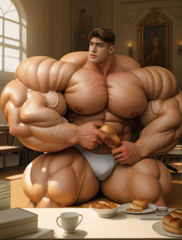 1boy, giant, model shoot style, illuminating light, strong body, bulk, large size, sitting & eating bread, in the white interior room, nude, white triangular underwear, prominent bulge, big, brutalmass, giant, muscular body, bulk, massive body, large meaty body size