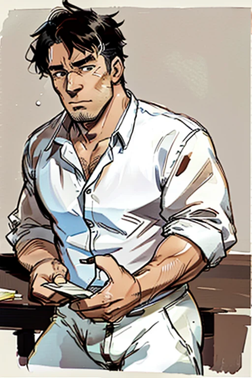 ((tmasterpiece)),(((best qualtiy))),(CharacterDesignSheet,Same role,frontage,Lateral face,on back),concept-art,concept art of character,Character sketches,reference sheet,Role table,(simplebackground,white backgrounid: 1.3), gesturing with hands towards the viewer, communicating with hands,🤗group 60 age man, nasty, age 60, chubby muscle white men, opening suit, daddy, hairy bear belly, big bulge pants
