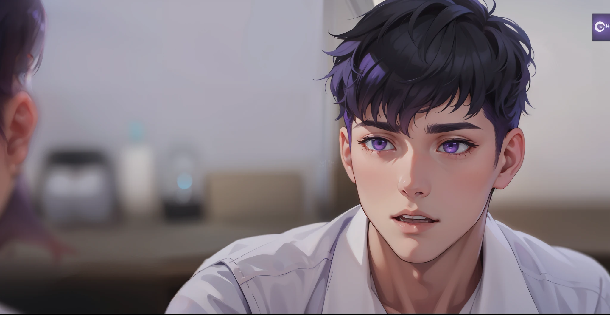 he is speaking he opens his mouth a beautiful young man violet hair violet eyes speaking a story he is telling us something