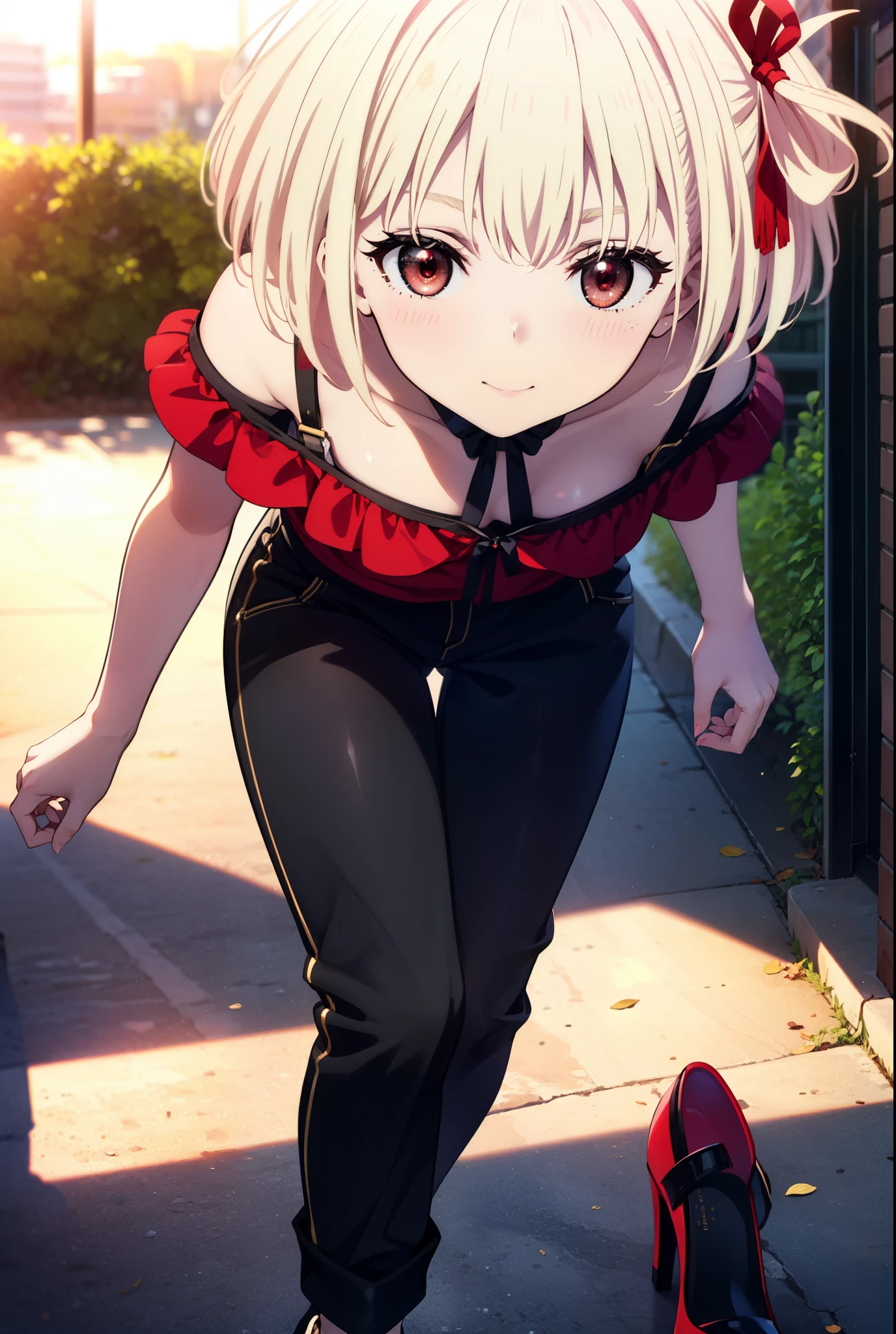 chisatonishikigi, Chisato Nishikigi, short hair, bangs, Blonde Hair, (Red eyes:1.5), Hair Ribbon, One side up, Bobcut,smile,blush,
Cord off-shoulder top,Short sleeve,skinny pants,Stiletto heels,morning,morning陽,The sun is rising,walking,whole bodyがイラストに入るように,
break outdoors, 公園
break looking at viewer, whole body,
break (masterpiece:1.2), highest quality, High resolution, unity 8k wallpaper, (shape:0.8), (Beautiful details:1.6), Highly detailed face, Perfect lighting, Extremely detailed CG, (Perfect hands, Perfect Anatomy),