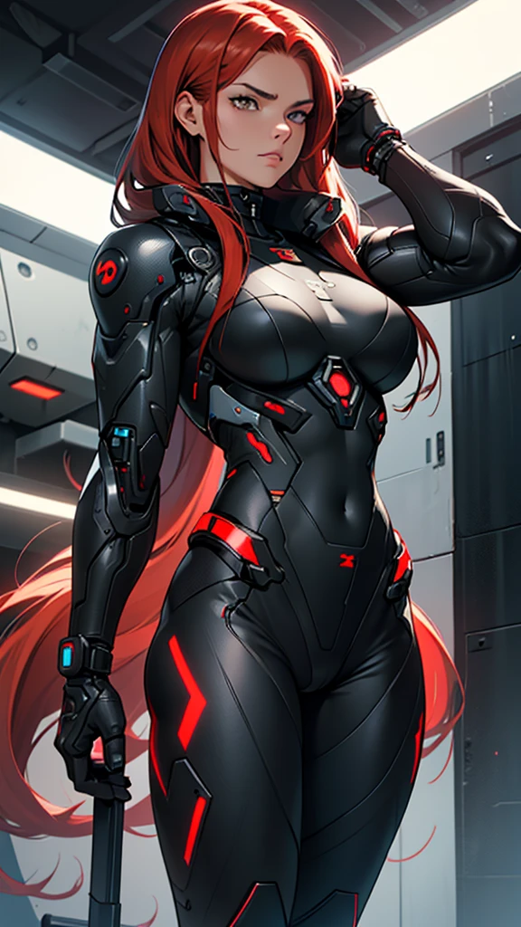 Beautiful cybernetic girl in black mobile cybernetic battle suit detailed muscles realistic masterpieces full figure pose (best quality,ultra-detailed), red-haired girl, brown eyes, fair skin, fit body, slim figure, narrow waist, large buttocks, (cocky expression), wearing full black cybernetic battle spacesuit, wearing aviator sunglasses 