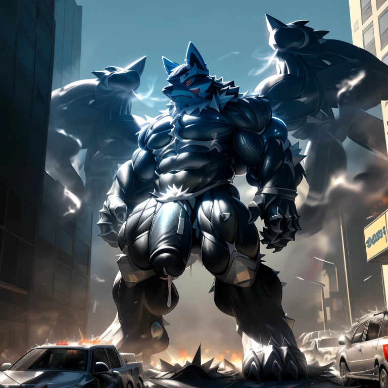 (masterpiece. official art. 8k. best quality. detailed full body. full body.)
(situation 1 : dominating LUCARIO. focus GIANT mechanical Muscular LUCARIO is trampling the New York City.)
(situation 2 :smoke and flames rising from the destruction in the New York City)
(Additional details 1: wearing a full-face helmet. helmet is jet black. The color of NANOSUIT is jet black. high-tech bio-mecha armor. real texture material. whole body shines like metal. Wearing cyberpunk mecha. emphasizes the muscles. suit fully made of metal. intricate armor. Robotic suit. suit fully made of metal. NANOSUIT with the same design as LUCARIO.).
(Additional details 2: (Detailed head. Detailed Body. Detailed abs. gigantic muscles. HYPER MUSCLES. Gigachad Muscular. big muscle. pecs. triceps. traps. unusually developed muscular body. body full of huge muscles. showing off muscles. pectorales enormes. Exaggeratedly huge muscles. huge muscles. long legs.).
(Additional details 3: nj5furry, Spread wings. It has wings. black have big wings. The claws are sharp. Sharp teeth.5 toes.). (Additional details 4: black color hyper penis. hyper black penis. big penis) (Additional details 6 : Spraying hyper cum up everywhere into the sky from his erect penis. wide spray of cum, covered in cum, cum splashing in front of camera, bukkake, New York City is under a thick later of cum.)