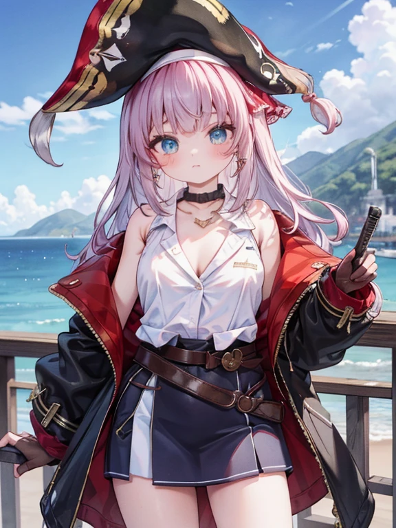 masterpiece, highest quality, Very detailed, 16k, Ultra-high resolution, Cowboy Shot, Detailed face, Perfect Fingers, One female, aged 14, blue eyes, Silver Hair, Long Hair, jewelry, belt, necklace, bracelet, earrings, pirate hat/bandana/headband, open clothes/shirt/vest/coat, boots, gloves, holding weapon, gun, knife, sword, ship, barrel, ocean