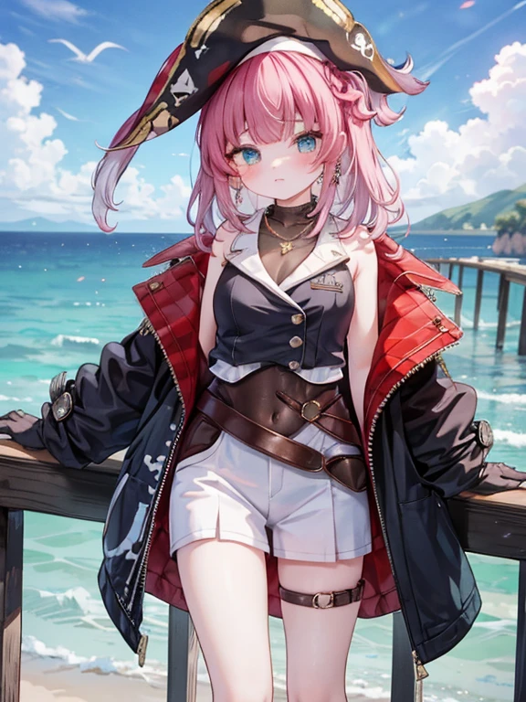 masterpiece, highest quality, Very detailed, 16k, Ultra-high resolution, Cowboy Shot, Detailed face, Perfect Fingers, One female, aged 14, blue eyes, Silver Hair, Long Hair, jewelry, belt, necklace, bracelet, earrings, pirate hat/bandana/headband, open clothes/shirt/vest/coat, boots, gloves, holding weapon, gun, knife, sword, ship, barrel, ocean