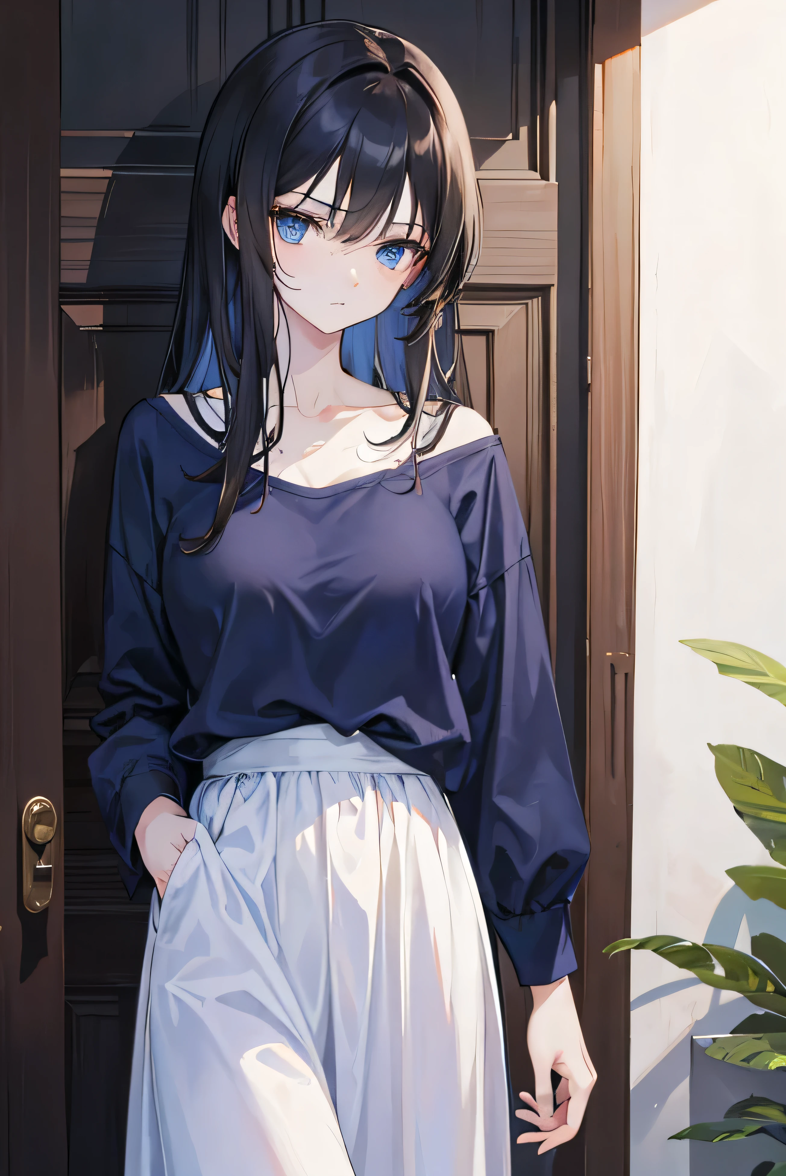 Best quality, masterpiece, A tall dark-haired woman with blue eyes in casual clothes stands with her back and looks over her shoulder at the camera with a frustrated look