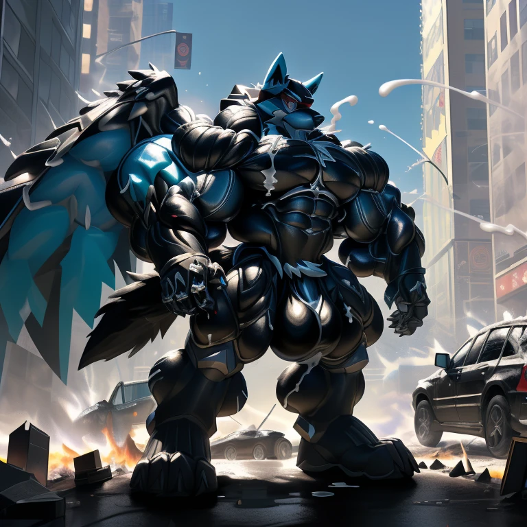 (masterpiece. official art. 8k. best quality. detailed full body. full body.)

(situation 1 : dominating LUCARIO. focus GIANT mechanical Muscular LUCARIO is trampling the New York City.)

(situation 2 :smoke and flames rising from the destruction in the New York City)

(Additional details 1: wearing a full-face helmet. helmet is jet black. The color of NANOSUIT is jet black. high-tech bio-mecha armor. real texture material. whole body shines like metal. Wearing cyberpunk mecha. emphasizes the muscles. suit fully made of metal. intricate armor. Robotic suit. suit fully made of metal. NANOSUIT with the same design as LUCARIO.).

(Additional details 2: (Detailed head. Detailed Body. Detailed abs. gigantic muscles. HYPER MUSCLES. Gigachad Muscular. big muscle. pecs. triceps. traps. unusually developed muscular body. body full of huge muscles. showing off muscles. pectorales enormes. Exaggeratedly huge muscles. huge muscles. long legs.).

(Additional details 3: nj5furry, Spread wings. It has wings. black have big wings. The claws are sharp. Sharp teeth.5 toes.).  (Additional details 4: black color hyper penis. hyper black penis. big penis) (Additional details 6 : Spraying hyper cum up everywhere into the sky from his erect penis. wide spray of cum, covered in cum, cum splashing in front of camera, bukkake, New York City is under a thick later of cum.)