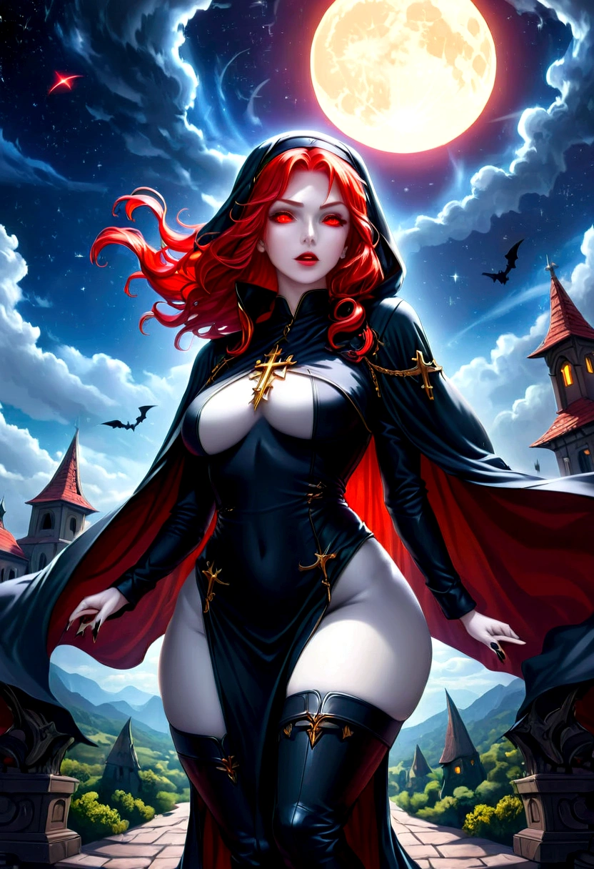 (no nudity: 1.5), a picture of an exquisite beautiful female nun vampire standing under the starry night sky on the porch of her monastery, (pale skin: 1.3), red hair, wavy hair, dynamic eyes color, cold eyes, glowing eyes, intense eyes, dark red lips, ((fangs: 1.1)), wearing (white nun uniform: 1.3), long cloak, flowing cloak, wearing (high heeled boots: 1.3), sky full of stars background, moon, bats flying about, action shot, high details, best quality, 16k, ((ultra detailed: 1.5)), masterpiece, best quality, portrait shot, photorealism, dark fantasy art, gothic art, many stars, sense of dread, GlowingRunesAI_red, Cinematic Hollywood Film style, , dark novel