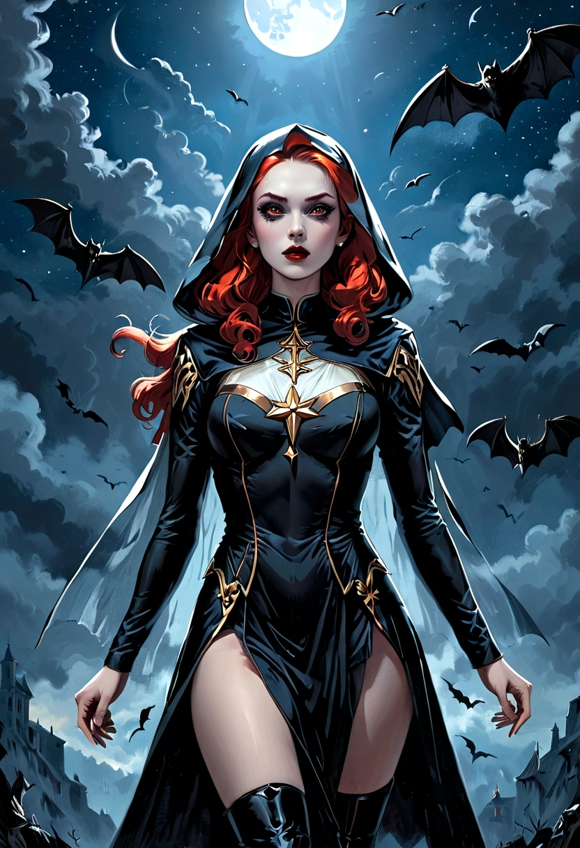 a picture of an exquisite beautiful female nun vampire standing under the starry night sky on the porch of her monastery, ultra feminine, (pale skin: 1.3), red hair, wavy hair, dynamic eyes color, cold eyes, glowing eyes, intense eyes, dark red lips, ((fangs: 1.1)), wearing (white nun tight וuniform: 1.3), wearing (blue cloak: 1.3), long cloak, flowing cloak, wearing (high heeled boots: 1.3), sky full of stars background, moon, bats flying about, action shot, high details, best quality, 16k, ((ultra detailed: 1.5)), masterpiece, best quality, portrait shot, photorealism, dark fantasy art, gothic art, many stars, sense of dread, GlowingRunesAI_red, Cinematic Hollywood Film style, dark novel