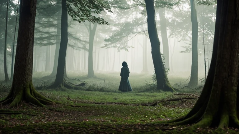 The forest should be enveloped in an ethereal mist that creeps along the ground, creating an atmosphere of mystery and horror. The trees are tall and ancient, with thick trunks covered in green moss and branches that intertwine above, forming an almost impenetrable canopy. The forest floor is covered in fallen leaves, twisted roots, and small, brightly colored mushrooms. In the center, a ruinous, old tree stands out with gnarled branches and withered leaves. Hanging from one of its lower branches is an ancient clock with an immobile pendulum and a piece of paper attached to it that reads: 'Death will come for you in the darkness. Include a young woman, who appears alone, trembling, and lost. She is looking at the clock and the paper with a mix of fear and curiosity. Her body language should convey that she feels a cold presence behind her. Small glimmers of light, as if from invisible fairies, dance among the shadows. In the distance, the bright eyes of nocturnal animals can be seen, watching from the darkness. The light of dawn barely penetrates the dense canopy, creating an effect of slowly moving lights and shadows with the wind. The entire scene should convey a sense of mystery, enchantment, and a touch of danger.