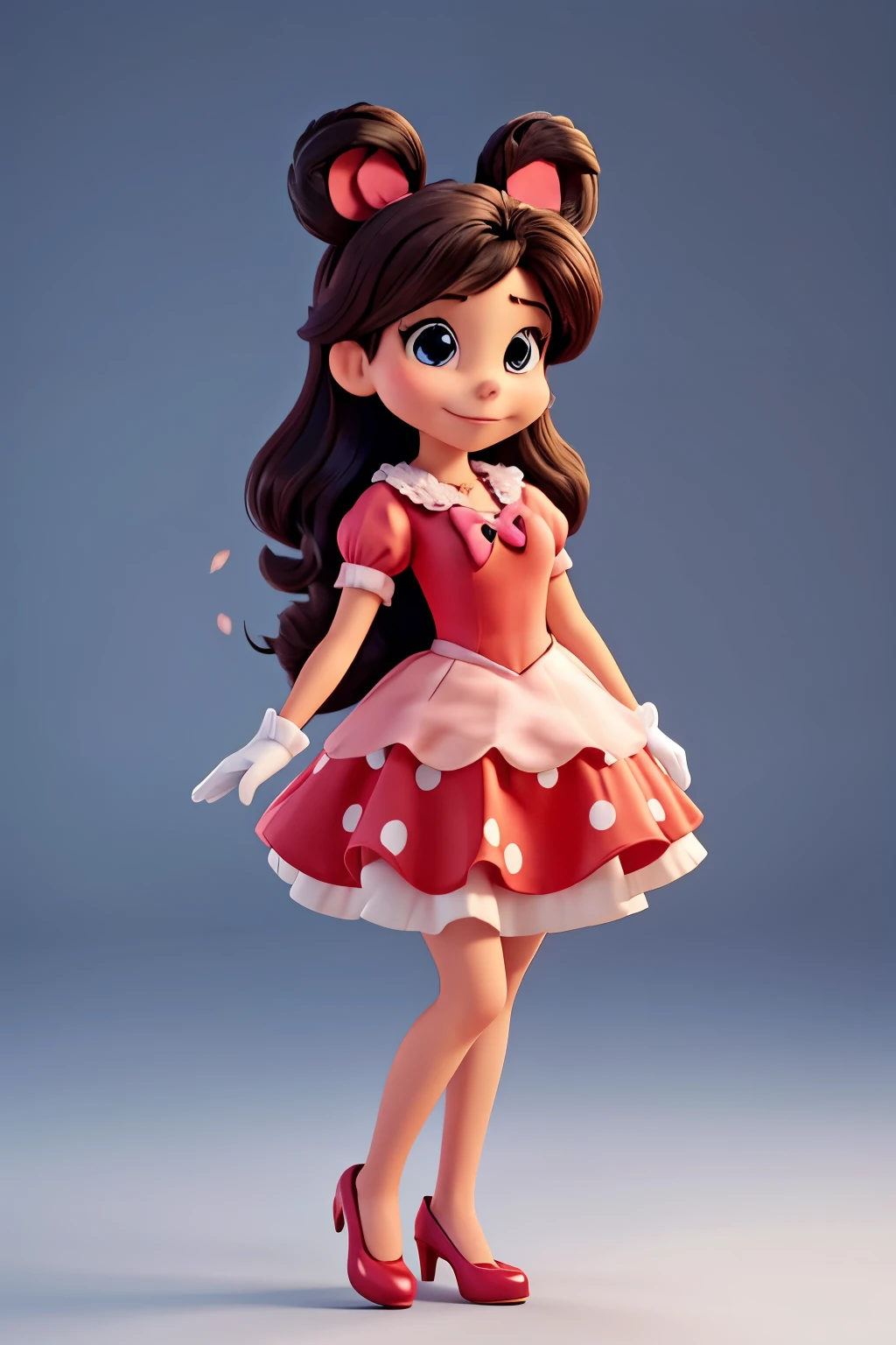 Minnie Mouse con un estilo de ropa elegante, con cabello largo