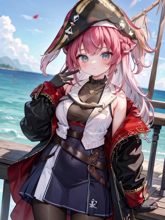 masterpiece, highest quality, Very detailed, 16k, Ultra-high resolution, Cowboy Shot, Detailed face, Perfect Fingers, One female, aged 14, blue eyes, Silver Hair, Long Hair, jewelry, belt, necklace, bracelet, earrings, pirate hat/bandana/headband, open clothes/shirt/vest/coat, boots, gloves, holding weapon, gun, knife, sword, ship, barrel, ocean