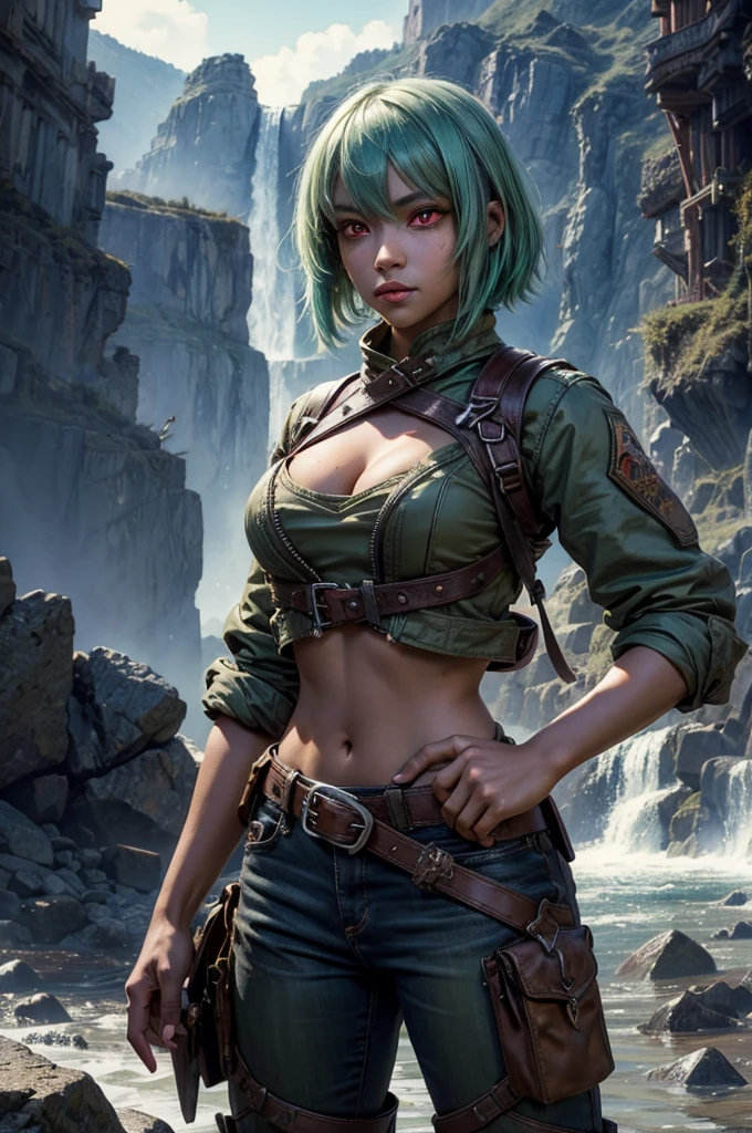 emeraldsustrai, emerald sustrai, short hair, (red eyes:1.5), green hair, dark skin, dark-skinned female, BREAK navel, cleavage, midriff, belt, cleavage cutout, chaps, BREAK on beach, sea BREAK cliff side, waterfall, crowd, (crowd in military dress), post-apocalypse, dystopian future, (volumetric lighting), intricate details, tonemapping, sharp focus, hyper detailed, (cowboy shot:1.5), BREAK (masterpiece:1.2), best quality, high resolution, unity 8k wallpaper, (illustration:0.8), (beautiful detailed eyes:1.6), extremely detailed face, perfect lighting, extremely detailed CG, (perfect hands, perfect anatomy),