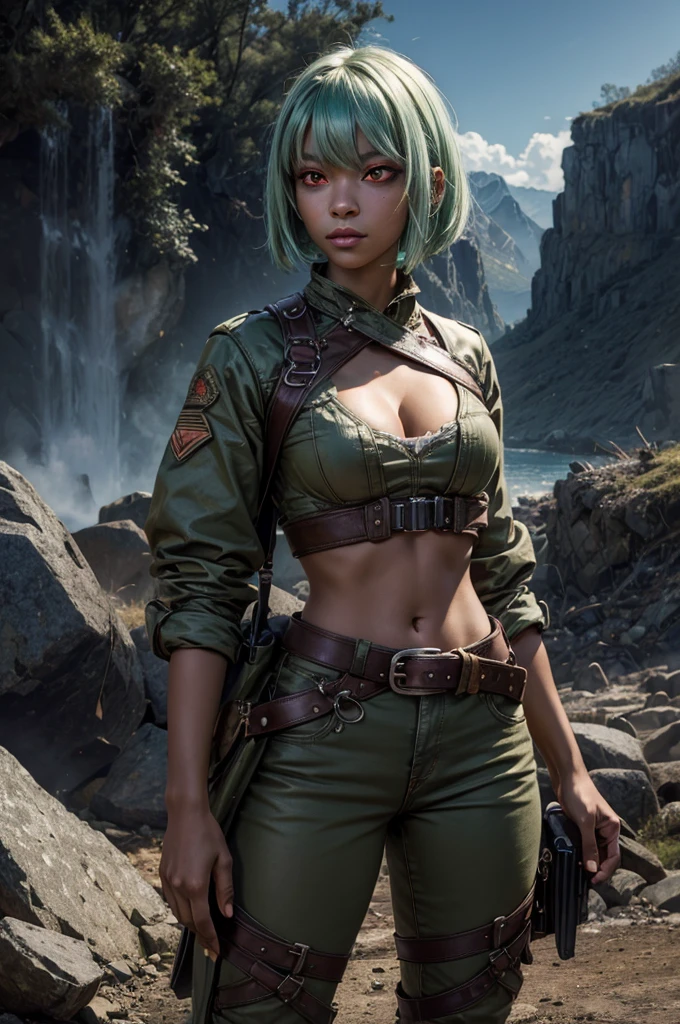 emeraldsustrai, emerald sustrai, short hair, (red eyes:1.5), green hair, dark skin, dark-skinned female, BREAK navel, cleavage, midriff, belt, cleavage cutout, chaps,  BREAK in valley, BREAK mountains in background, waterfall, crowd, (crowd in military dress), post-apocalypse, dystopian future, (volumetric lighting),  intricate details, tonemapping, sharp focus, hyper detailed, (cowboy shot:1.5), BREAK (masterpiece:1.2), best quality, high resolution, unity 8k wallpaper, (illustration:0.8), (beautiful detailed eyes:1.6), extremely detailed face, perfect lighting, extremely detailed CG, (perfect hands, perfect anatomy),