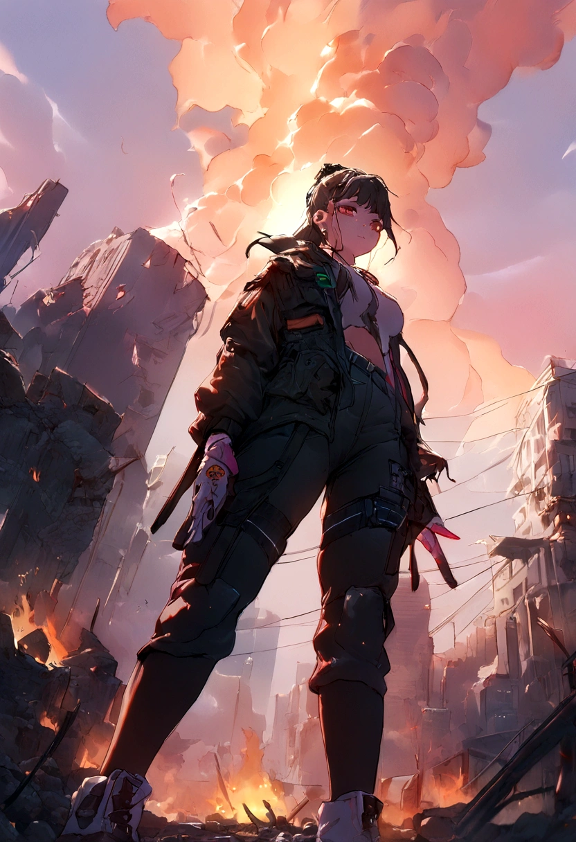 Metropolitan city, cyberpunk, neo lights, destruction, destroyed, fire, (masterpiece:1.4),(best quality:1.4),from below, bystander, 8k,best quality, good quality, beautiful light