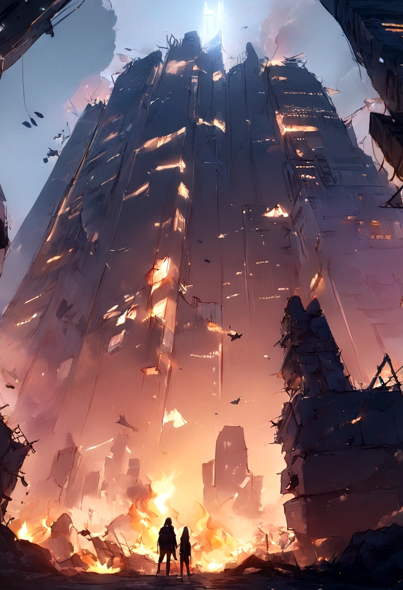 Metropolitan city, cyberpunk, neo lights, destruction, destroyed, fire, (masterpiece:1.4),(best quality:1.4),from below, bystander, 8k,best quality, good quality, beautiful light