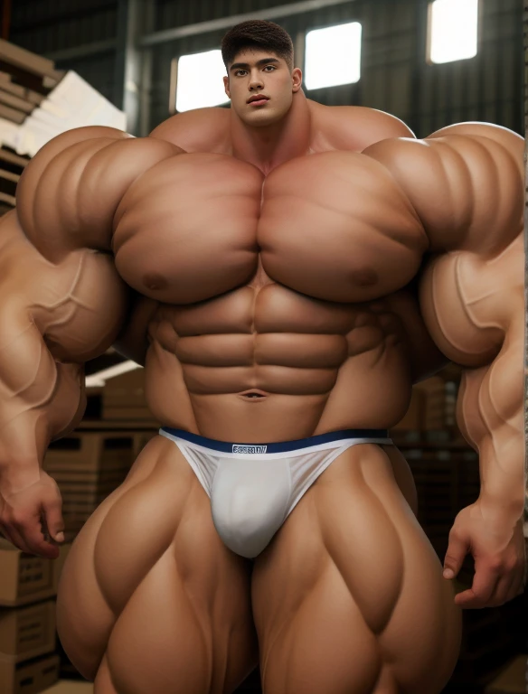 1boy, giant, model shoot style, staring, illuminating light, strong body, bulk, large size, cramped in the abandoned warehouse, nude, white triangular underwear, prominent bulge, big, brutalmass, giant, muscular body, bulk, massive body, large meaty body size 