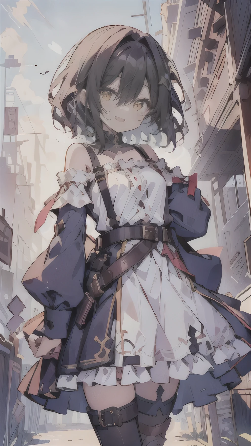 dress,1girl with((bare shoulders, belt, eyebrows visible through hair, hair between eyes, long sleeves, suspenders, looking at viewer, off shoulder, shirt, single thighhigh, solo, thighhighs, white legwear, white shirt,off-shoulder dress,frilled skirt,belt buckle,sleeveless,buckle,choker,frills,medium hair,frilled dress,frilled shirt))