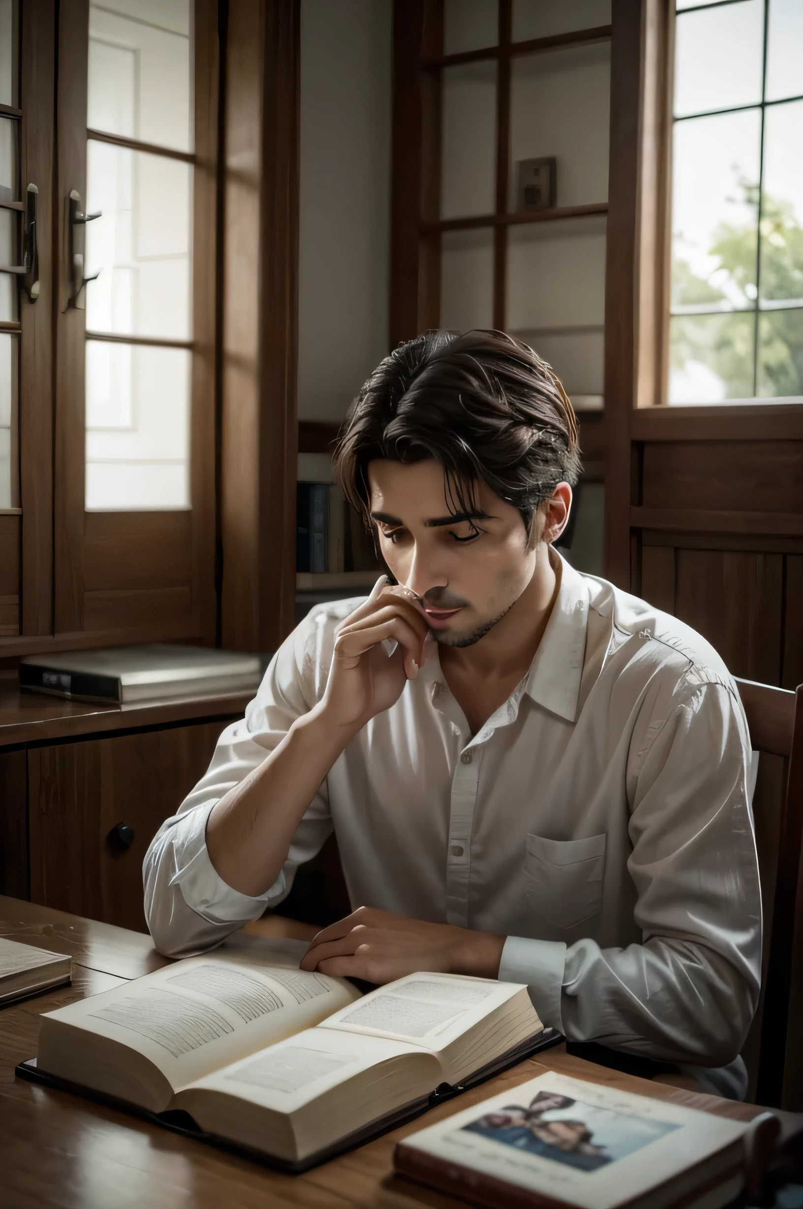 un hombre moderno, sentado en su escritorio de su hogar. preocupado y leyendo la biblia. por atras esta jesucristo, mirandolo con amor para ayudarle. 