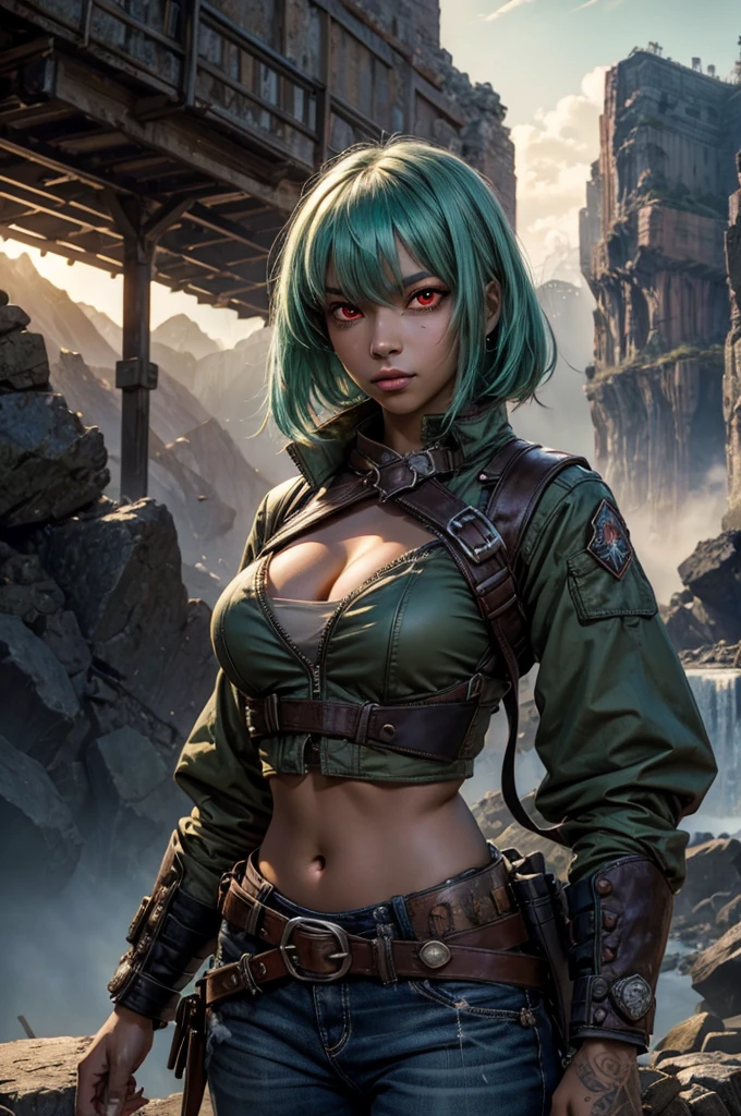 emeraldsustrai, emerald sustrai, short hair, (red eyes:1.5), green hair, dark skin, dark-skinned female, BREAK navel, cleavage, midriff, belt, cleavage cutout, chaps,  BREAK in valley, BREAK mountains in background, waterfall, crowd, (crowd in military dress), post-apocalypse, dystopian future, (volumetric lighting),  intricate details, tonemapping, sharp focus, hyper detailed, (cowboy shot:1.5), BREAK (masterpiece:1.2), best quality, high resolution, unity 8k wallpaper, (illustration:0.8), (beautiful detailed eyes:1.6), extremely detailed face, perfect lighting, extremely detailed CG, (perfect hands, perfect anatomy),