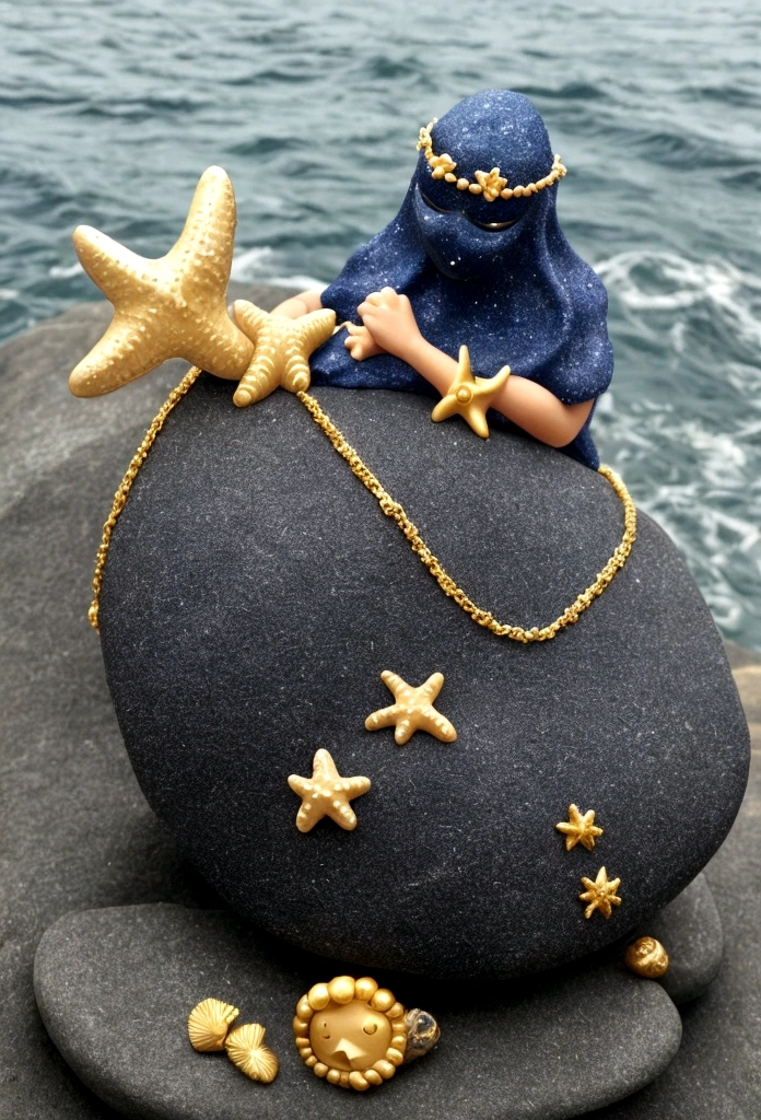 a woman with a starfish over her eyes wearing it like a mask over her eyes and the starfish has little blue lights that shine, the woman stands on a black stone carved with symbols in a rough sea raising her hands towards the sky in a Sandro Botichelli style painting, with slightly blue skin and small scales on the face, tiene el pelo largo decorado con tiaras de oro y perlas y los pechos cubiertos de conchas (Lying position on the rock carved with a pronounced mermaid tail. )