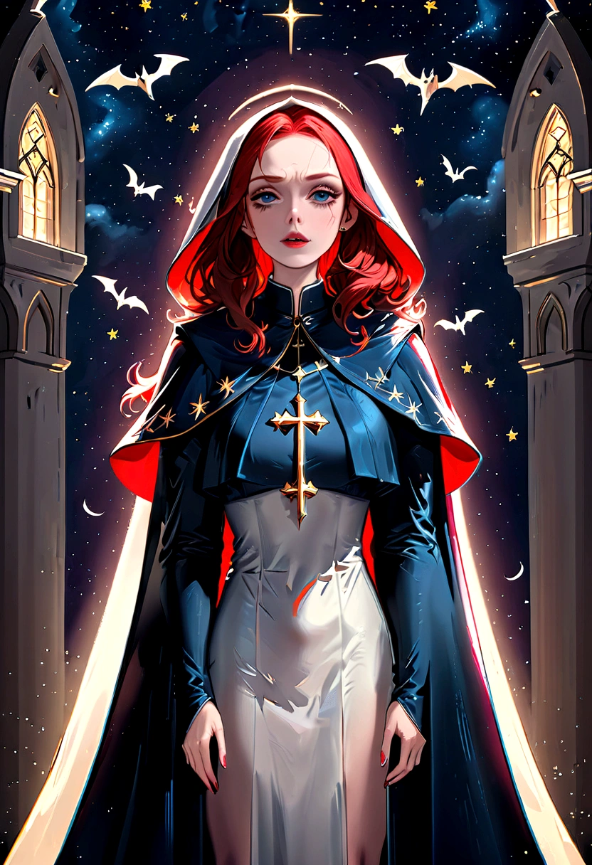 a picture of an exquisite beautiful female nun vampire standing under the starry night sky on the porch of her monastery, ultra feminine, (pale skin: 1.3), red hair, wavy hair, dynamic eyes color, cold eyes, glowing eyes, intense eyes, dark red lips, ((fangs: 1.1)), wearing (white nun tight וuniform: 1.3), wearing (blue cloak: 1.3), long cloak, flowing cloak, wearing (high heeled boots: 1.3), sky full of stars background, moon, bats flying about, action shot, high details, best quality, 16k, ((ultra detailed: 1.5)), masterpiece, best quality, portrait shot, photorealism, dark fantasy art, gothic art, many stars, sense of dread, GlowingRunesAI_red, Cinematic Hollywood Film style, dark novel