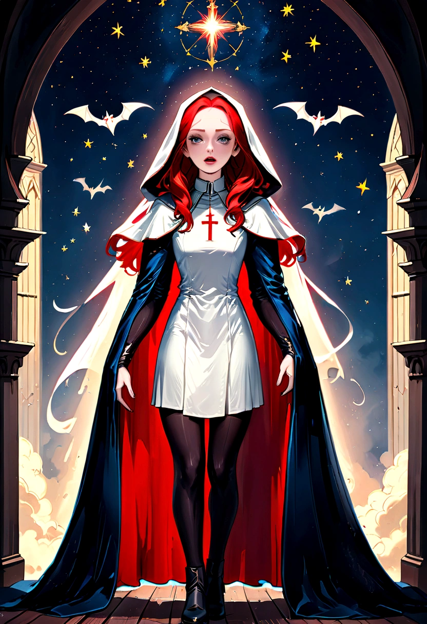 a picture of an exquisite beautiful female nun vampire standing under the starry night sky on the porch of her monastery, ultra feminine, (pale skin: 1.3), red hair, wavy hair, dynamic eyes color, cold eyes, glowing eyes, intense eyes, dark red lips, ((fangs: 1.1)), wearing (white nun tight וuniform: 1.3), wearing (blue cloak: 1.3), long cloak, flowing cloak, wearing (high heeled boots: 1.3), sky full of stars background, moon, bats flying about, action shot, high details, best quality, 16k, ((ultra detailed: 1.5)), masterpiece, best quality, portrait shot, photorealism, dark fantasy art, gothic art, many stars, sense of dread, GlowingRunesAI_red, Cinematic Hollywood Film style, dark novel