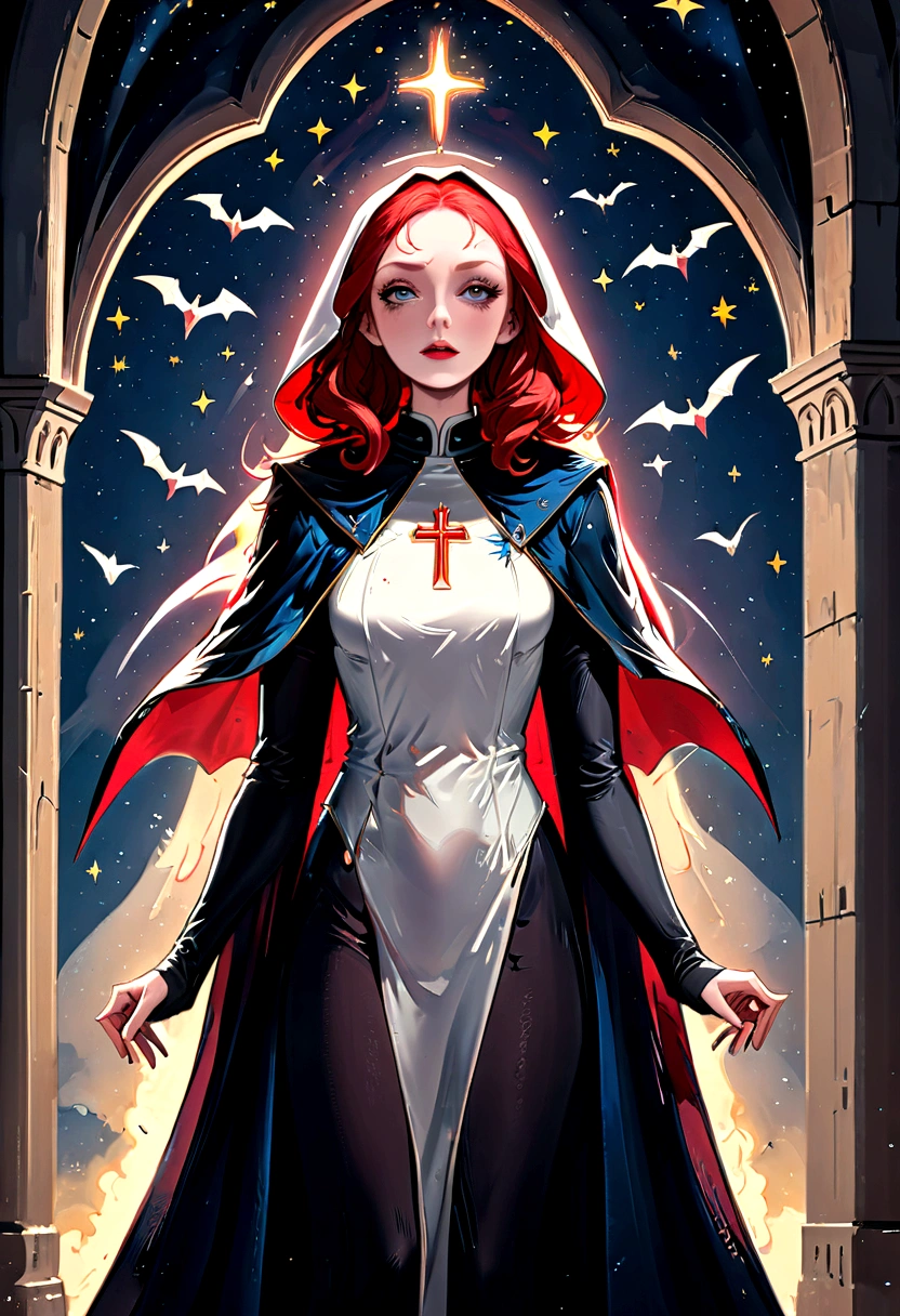 a picture of an exquisite beautiful female nun vampire standing under the starry night sky on the porch of her monastery, ultra feminine, (pale skin: 1.3), red hair, wavy hair, dynamic eyes color, cold eyes, glowing eyes, intense eyes, dark red lips, ((fangs: 1.1)), wearing (white nun tight וuniform: 1.3), wearing (blue cloak: 1.3), long cloak, flowing cloak, wearing (high heeled boots: 1.3), sky full of stars background, moon, bats flying about, action shot, high details, best quality, 16k, ((ultra detailed: 1.5)), masterpiece, best quality, portrait shot, photorealism, dark fantasy art, gothic art, many stars, sense of dread, GlowingRunesAI_red, Cinematic Hollywood Film style, dark novel