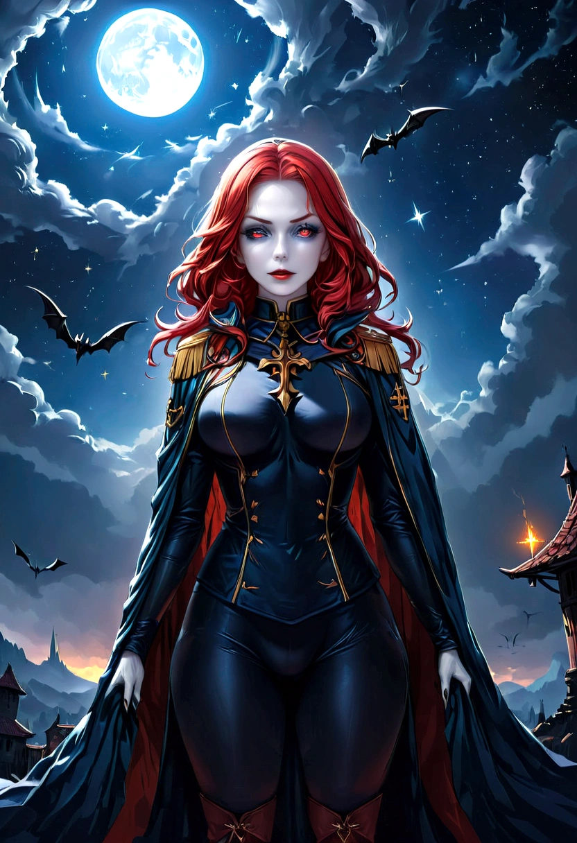 a picture of an exquisite beautiful female nun vampire standing under the starry night sky on the porch of her monastery, ultra feminine, (pale skin: 1.3), red hair, wavy hair, dynamic eyes color, cold eyes, glowing eyes, intense eyes, dark red lips, ((fangs: 1.1)), wearing (white nun tight וuniform: 1.3), wearing (blue cloak: 1.3), long cloak, flowing cloak, wearing (high heeled boots: 1.3), sky full of stars background, moon, bats flying about, action shot, high details, best quality, 16k, ((ultra detailed: 1.5)), masterpiece, best quality, portrait shot, photorealism, dark fantasy art, gothic art, many stars, sense of dread, GlowingRunesAI_red, Cinematic Hollywood Film style, dark novel
