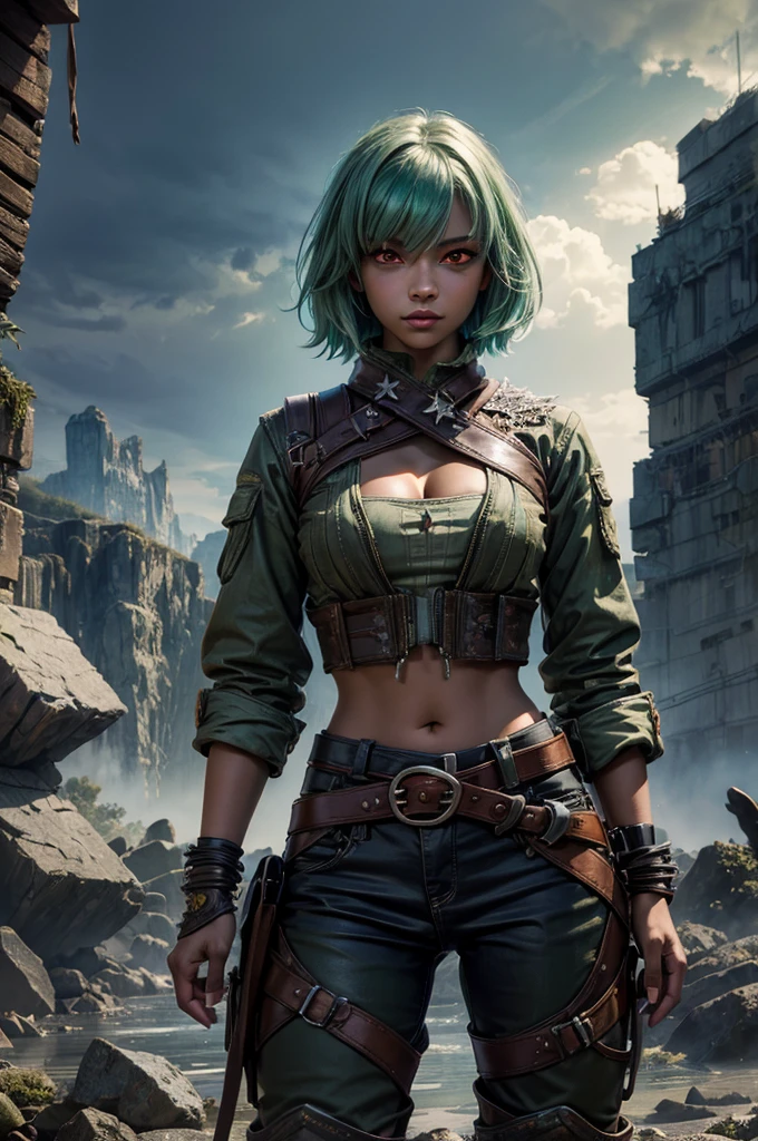 emeraldsustrai, emerald sustrai, short hair, (red eyes:1.5), green hair, dark skin, dark-skinned female, BREAK navel, cleavage, midriff, belt, cleavage cutout, chaps,  BREAK in valley, BREAK mountains in background, waterfall, crowd, (crowd in military dress), post-apocalypse, dystopian future, (volumetric lighting),  intricate details, tonemapping, sharp focus, hyper detailed, (cowboy shot:1.5), BREAK (masterpiece:1.2), best quality, high resolution, unity 8k wallpaper, (illustration:0.8), (beautiful detailed eyes:1.6), extremely detailed face, perfect lighting, extremely detailed CG, (perfect hands, perfect anatomy),