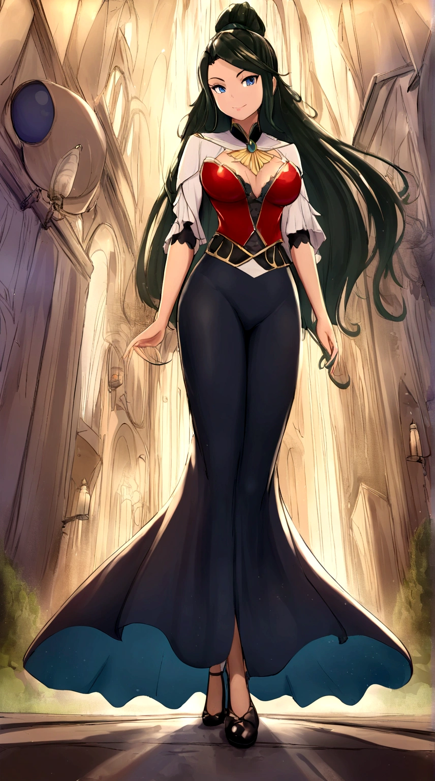 mulher morena com vestido preto e azul e maquiagem preta, olhar assustador, inspirado na Disney Pixar ( NEGRA JOVEM COM CABELO LONGO CACHEADO PRETO)